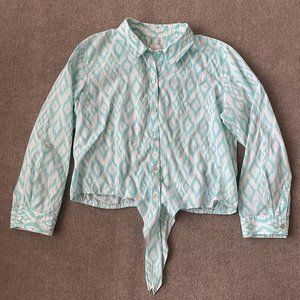 Chico's Shirt Womens 2 (Size Large) White Teal Crop Tie Front Blouse Casual